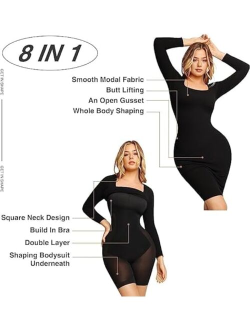 Popilush Shaper Dress Bodycon Maxi/Mini Built in Shapewear Bra 8 in 1 Women Lounge Long Sleeve Backless Dresses