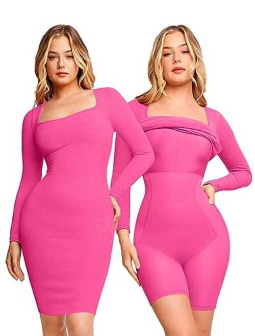 Popilush Shaper Dress Bodycon Maxi/Mini Built in Shapewear Bra 8 in 1 Women Lounge Long Sleeve Backless Dresses