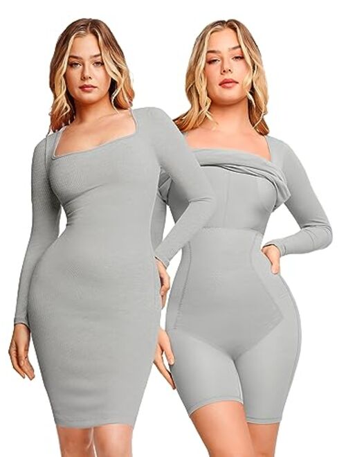 Popilush Shaper Dress Bodycon Maxi/Mini Built in Shapewear Bra 8 in 1 Women Lounge Long Sleeve Backless Dresses