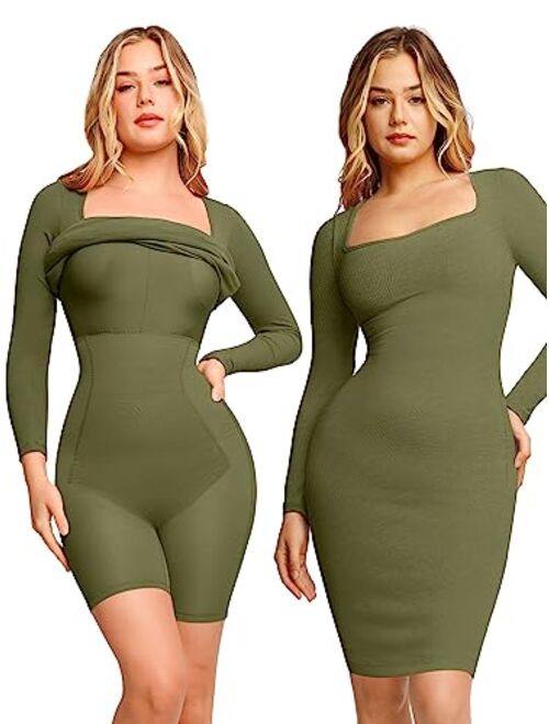 Popilush Shaper Dress Bodycon Maxi/Mini Built in Shapewear Bra 8 in 1 Women Lounge Long Sleeve Backless Dresses