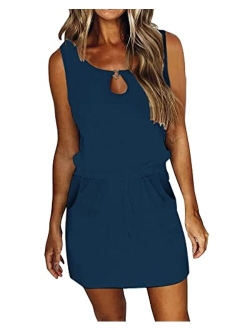 SAUKOLE Womens Summer Causal Loose Sleeveless Crew Neck Drawstring Waist Mini Short Dress with Pockets