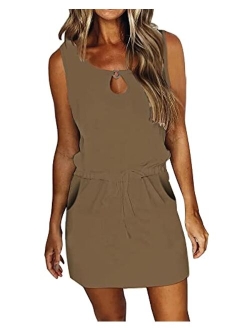 SAUKOLE Womens Summer Causal Loose Sleeveless Crew Neck Drawstring Waist Mini Short Dress with Pockets