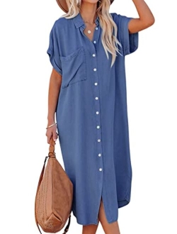 Dress for Women Bell Sleeve Button Down Dress Short Sleeve V Neck Casual Shirt Dresses