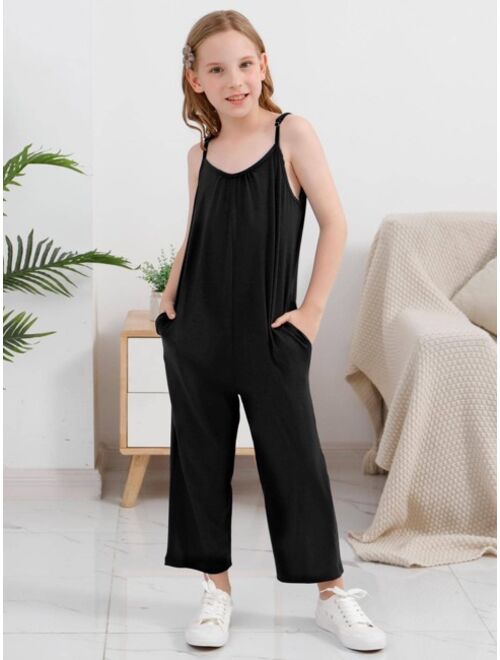 GORLYA Kids&Baby3P Seller Girls Solid Slant Pocket Cami Jumpsuit