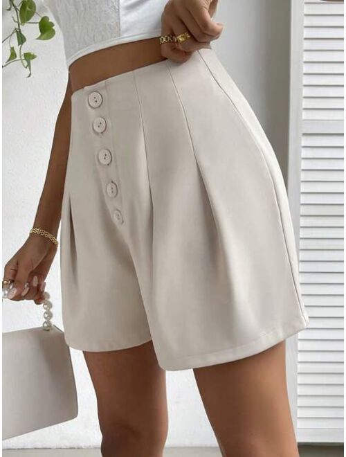 SHEIN Unity High Waist Button Fly Fold Pleated Detail Shorts