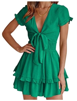 Women's 2023 Summer Swing Mini Dress Tie Front V Neck Short Sleeve Ruffle Layer A-Line Short Dress