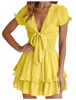 Women's 2023 Summer Swing Mini Dress Tie Front V Neck Short Sleeve Ruffle Layer A-Line Short Dress