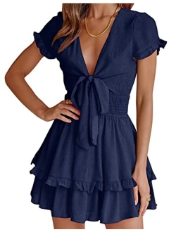 Women's 2023 Summer Swing Mini Dress Tie Front V Neck Short Sleeve Ruffle Layer A-Line Short Dress