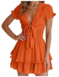 Women's 2023 Summer Swing Mini Dress Tie Front V Neck Short Sleeve Ruffle Layer A-Line Short Dress