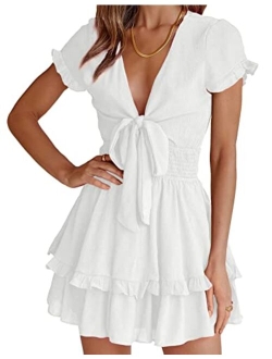 Women's 2023 Summer Swing Mini Dress Tie Front V Neck Short Sleeve Ruffle Layer A-Line Short Dress