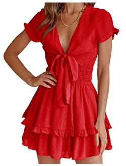 Women's 2023 Summer Swing Mini Dress Tie Front V Neck Short Sleeve Ruffle Layer A-Line Short Dress