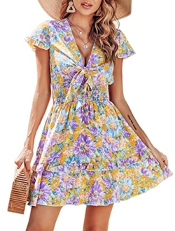 Women's 2023 Summer Swing Mini Dress Tie Front V Neck Short Sleeve Ruffle Layer A-Line Short Dress