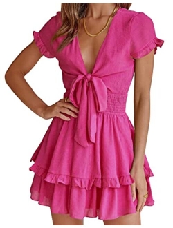 Women's 2023 Summer Swing Mini Dress Tie Front V Neck Short Sleeve Ruffle Layer A-Line Short Dress