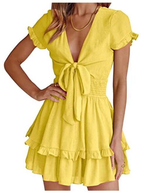 PRETTYGARDEN Women's 2023 Summer Swing Mini Dress Tie Front V Neck Short Sleeve Ruffle Layer A-Line Short Dress