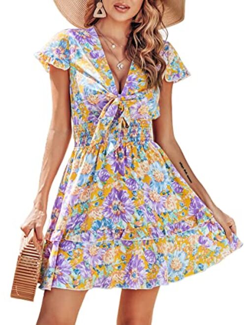 PRETTYGARDEN Women's 2023 Summer Swing Mini Dress Tie Front V Neck Short Sleeve Ruffle Layer A-Line Short Dress