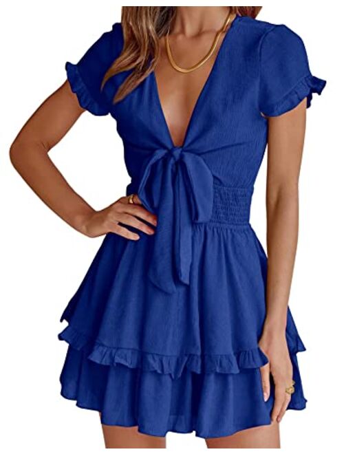 PRETTYGARDEN Women's 2023 Summer Swing Mini Dress Tie Front V Neck Short Sleeve Ruffle Layer A-Line Short Dress