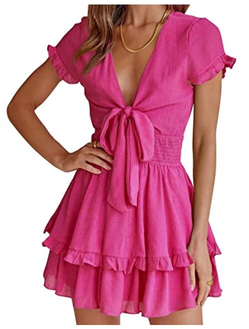 PRETTYGARDEN Women's 2023 Summer Swing Mini Dress Tie Front V Neck Short Sleeve Ruffle Layer A-Line Short Dress