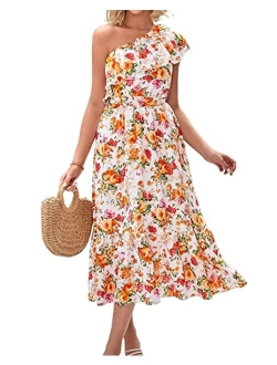 BTFBM Women's One Shoulder Maxi Dress Sleeveless Casual Summer Layered Ruffle Boho Floral Print Party Beach A-Line Dresses