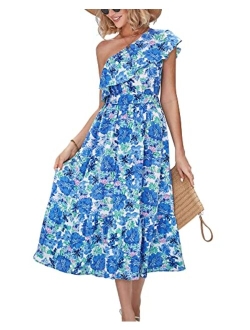 BTFBM Women's One Shoulder Maxi Dress Sleeveless Casual Summer Layered Ruffle Boho Floral Print Party Beach A-Line Dresses