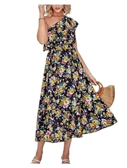 BTFBM Women's One Shoulder Maxi Dress Sleeveless Casual Summer Layered Ruffle Boho Floral Print Party Beach A-Line Dresses