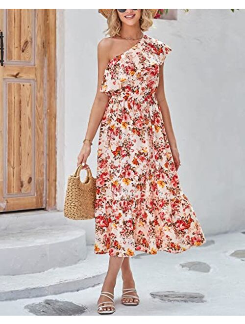 BTFBM Women's One Shoulder Maxi Dress Sleeveless Casual Summer Layered Ruffle Boho Floral Print Party Beach A-Line Dresses