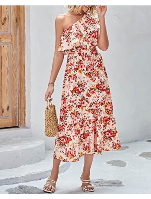 BTFBM Women's One Shoulder Maxi Dress Sleeveless Casual Summer Layered Ruffle Boho Floral Print Party Beach A-Line Dresses