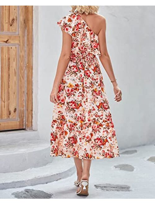 BTFBM Women's One Shoulder Maxi Dress Sleeveless Casual Summer Layered Ruffle Boho Floral Print Party Beach A-Line Dresses