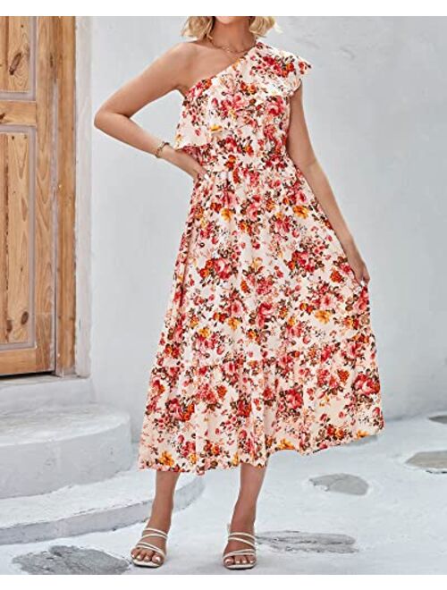 BTFBM Women's One Shoulder Maxi Dress Sleeveless Casual Summer Layered Ruffle Boho Floral Print Party Beach A-Line Dresses