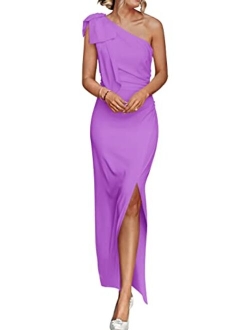 Women's Summer One Shoulder Long Formal Dresses Sleeveless Ruched Bodycon Wedding Guest Slit Maxi Dress