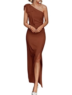 Women's Summer One Shoulder Long Formal Dresses Sleeveless Ruched Bodycon Wedding Guest Slit Maxi Dress