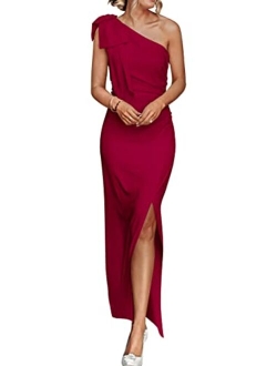 Women's Summer One Shoulder Long Formal Dresses Sleeveless Ruched Bodycon Wedding Guest Slit Maxi Dress