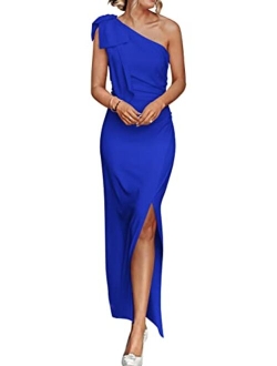 Women's Summer One Shoulder Long Formal Dresses Sleeveless Ruched Bodycon Wedding Guest Slit Maxi Dress