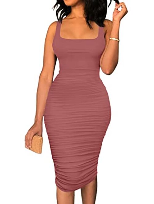 BEAGIMEG Women's Sexy Tank Top Bodycon Ruched Sleeveless Basic Midi Party Dress