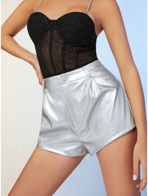 SHEIN BAE High Waist Plicated Detail PU Leather Shorts