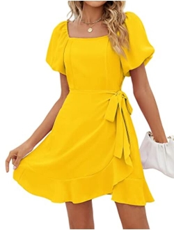 SAMPEEL Womens Square Neck Puff Sleeve Dresses Casual Summer Tie Waist Dress