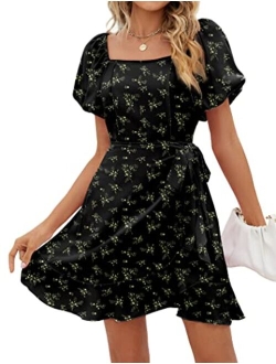 SAMPEEL Womens Square Neck Puff Sleeve Dresses Casual Summer Tie Waist Dress