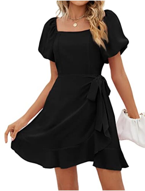 SAMPEEL Womens Square Neck Puff Sleeve Dresses Casual Summer Tie Waist Dress