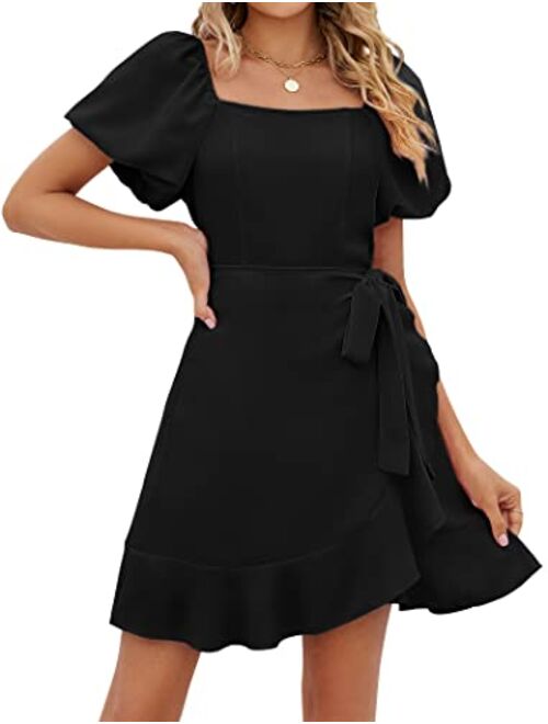 SAMPEEL Womens Square Neck Puff Sleeve Dresses Casual Summer Tie Waist Dress