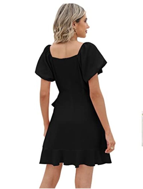 SAMPEEL Womens Square Neck Puff Sleeve Dresses Casual Summer Tie Waist Dress