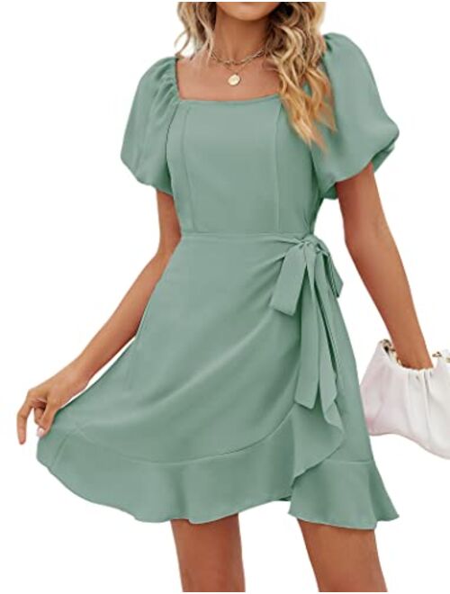 SAMPEEL Womens Square Neck Puff Sleeve Dresses Casual Summer Tie Waist Dress