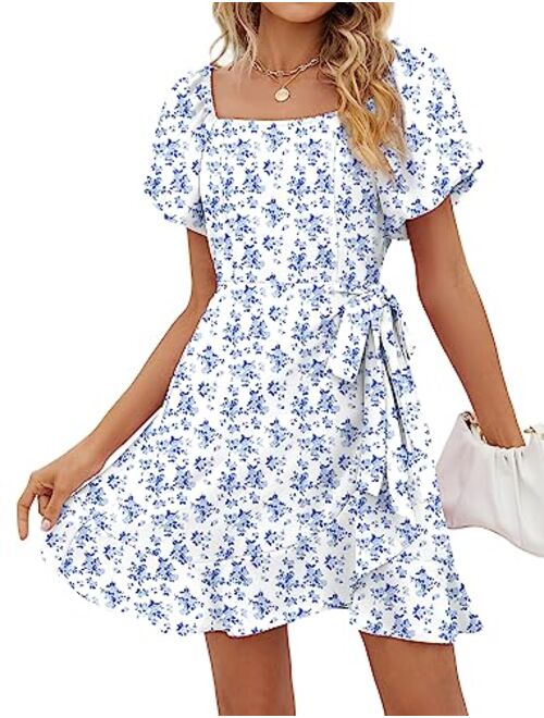 SAMPEEL Womens Square Neck Puff Sleeve Dresses Casual Summer Tie Waist Dress