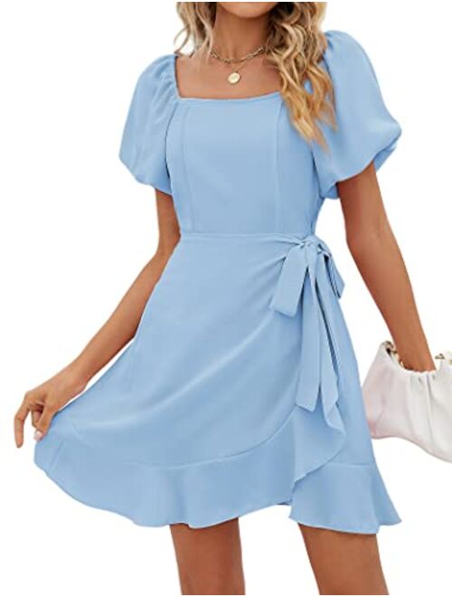 SAMPEEL Womens Square Neck Puff Sleeve Dresses Casual Summer Tie Waist Dress