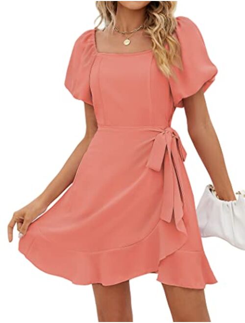 SAMPEEL Womens Square Neck Puff Sleeve Dresses Casual Summer Tie Waist Dress