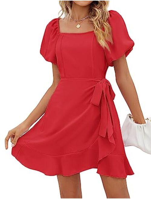 SAMPEEL Womens Square Neck Puff Sleeve Dresses Casual Summer Tie Waist Dress