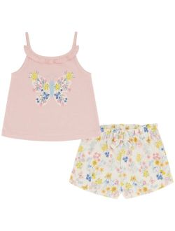 Little Girls Butterfly Floral Top and Floral Ruffle Trim Terry Shorts Set, 2 Piece