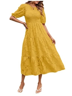 Women's 2023 Summer Puff Sleeve Smocked Floral Dress Crewneck Lace Flowy Tiered Midi Dresses