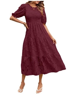 Women's 2023 Summer Puff Sleeve Smocked Floral Dress Crewneck Lace Flowy Tiered Midi Dresses