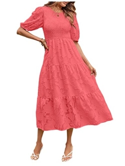 Women's 2023 Summer Puff Sleeve Smocked Floral Dress Crewneck Lace Flowy Tiered Midi Dresses