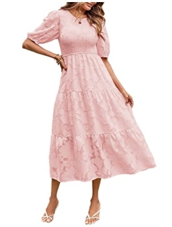 Women's 2023 Summer Puff Sleeve Smocked Floral Dress Crewneck Lace Flowy Tiered Midi Dresses