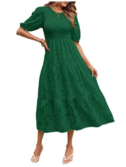 Women's 2023 Summer Puff Sleeve Smocked Floral Dress Crewneck Lace Flowy Tiered Midi Dresses